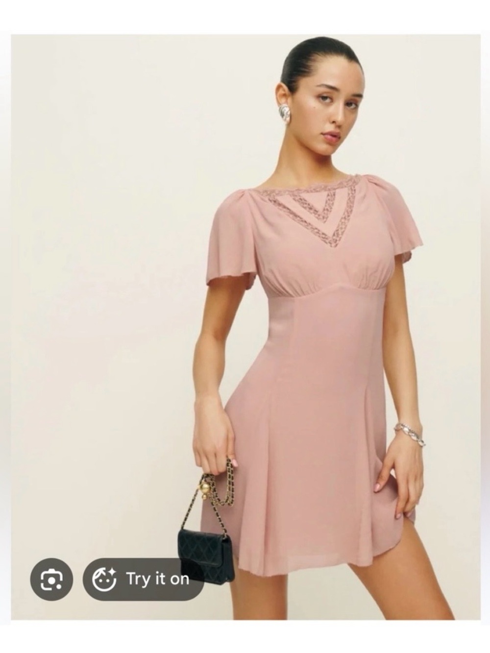 Reformation Dusty Rose Lace-Trim Flutter Sleeve Mini Dress